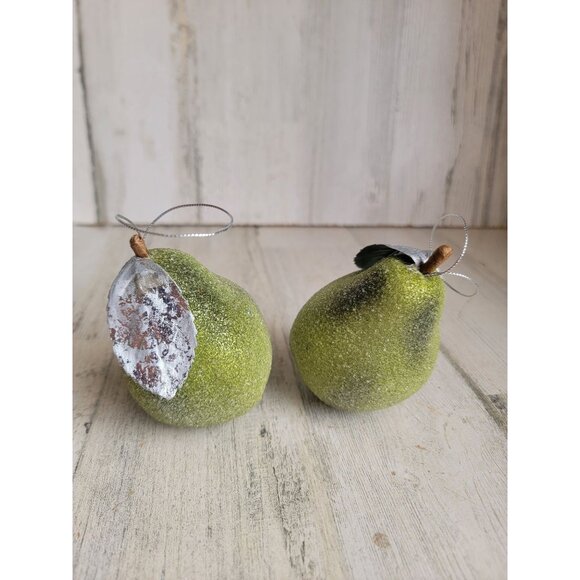 Frosted green pear fruit set ornament Xmas shiny - Picture 1 of 8